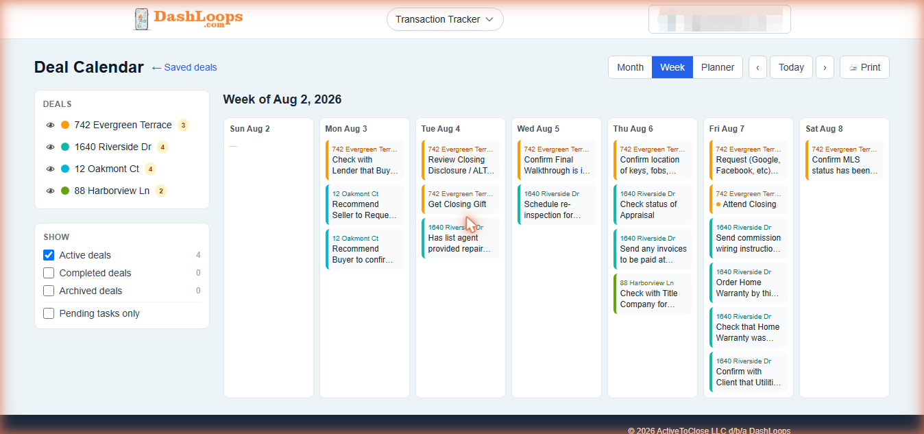Deal Calendar week view showing four color-coded transactions with their tasks and an Attend Closing event